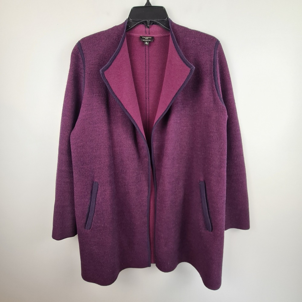 Talbots Petites Purple Merino Wool Open Front Cardigan Jacket MP Plum Coatigan